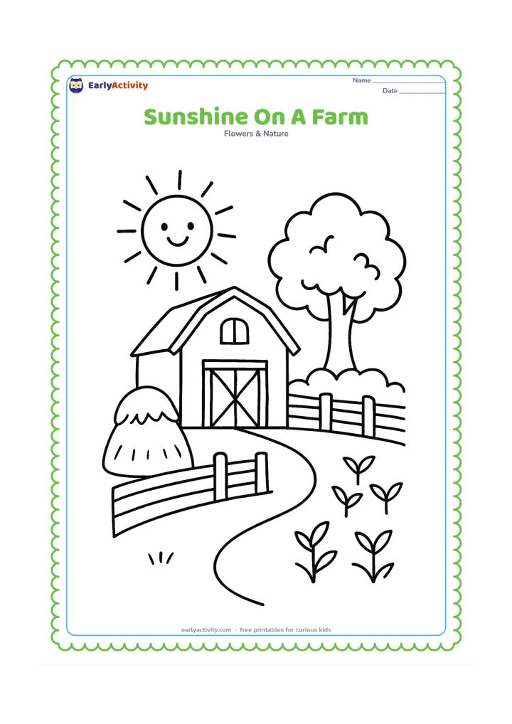 Colouring page: Draw a bright sun over a farm scene with a barn, fence, haystack, leafy tree and a few simple crops. Include a curving path leading toward the barn.