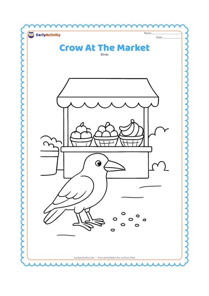 Colouring page: A crow stands near a covered Indian market stall with baskets of fruit and a few grains on the ground.