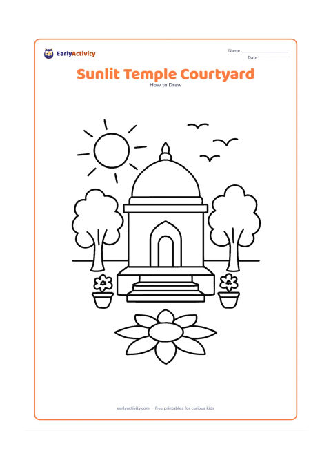 Worksheet: Place a round sun above a peaceful Indian temple courtyard with a simple domed temple, steps, two trees, flower pots and a rangoli pattern on the ground. Add a few curved rays and birds…