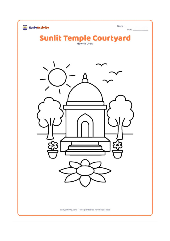 Worksheet: Place a round sun above a peaceful Indian temple courtyard with a simple domed temple, steps, two trees, flower pots and a rangoli pattern on the ground. Add a few curved rays and birds…