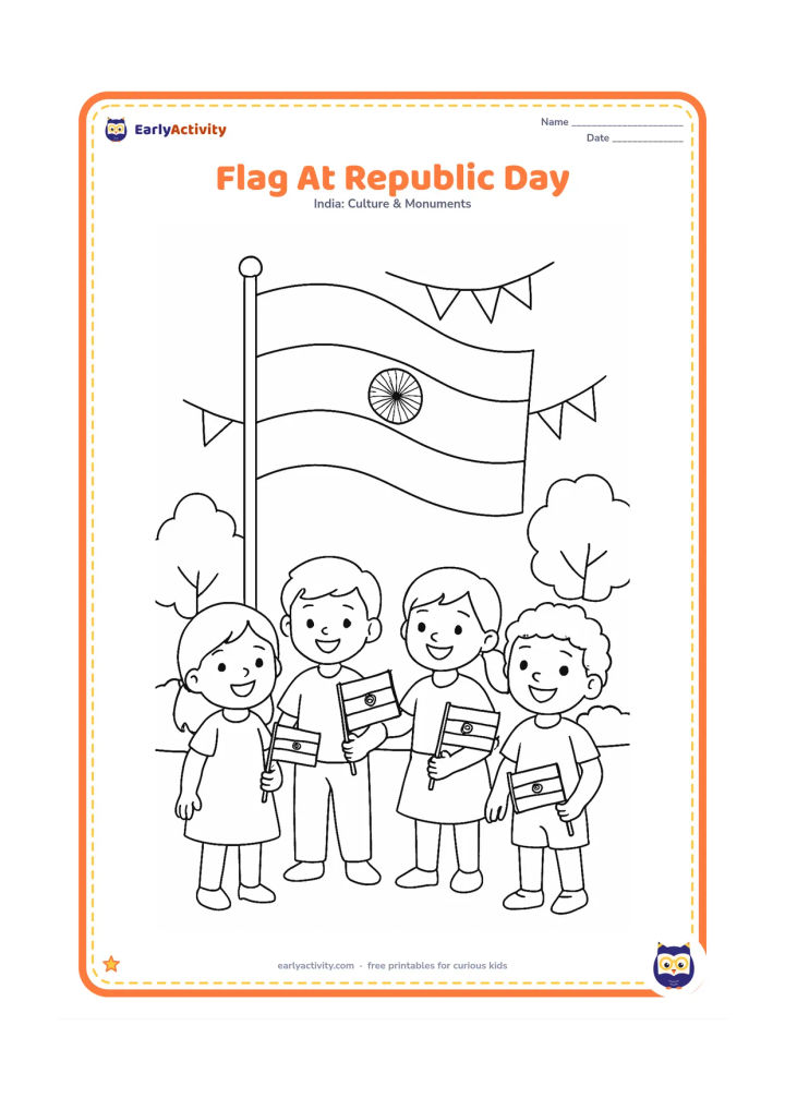 Colouring page: Draw children holding small Indian flags during a cheerful outdoor Republic Day gathering, with the main national flag on a tall pole behind them. Add bunting made only from plain…