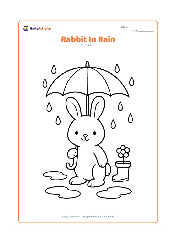 Worksheet: Show a standing rabbit under a rounded umbrella, with long ears tucked beside its head, visible paws and a fluffy tail. Add puddles, a few falling raindrops and one small boot-shaped…