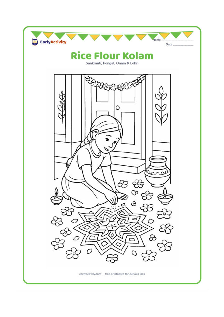 Colouring page: An older child carefully sprinkles rice flour to complete a detailed geometric kolam at a home entrance. Surround the pattern with flower petals, lamps, a water pot, and a decorated doorway.