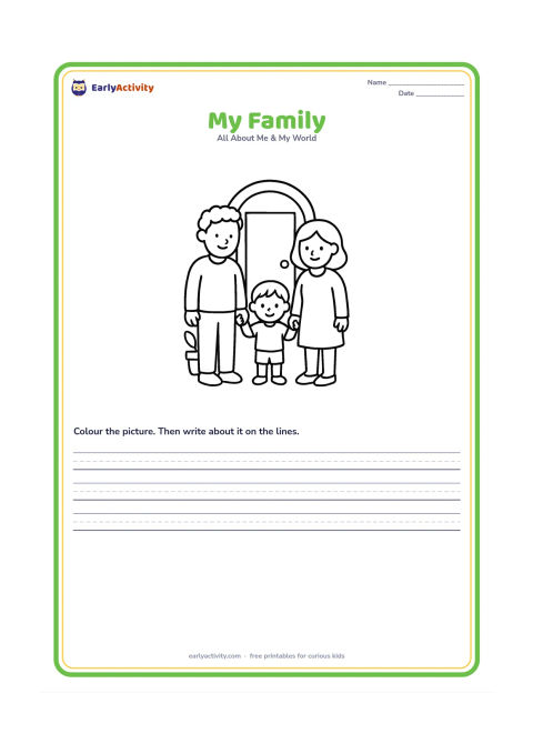 Worksheet: A child stands between two caring adults and holds both their hands. Show a simple home doorway and one potted plant in the background, with varied family appearances.