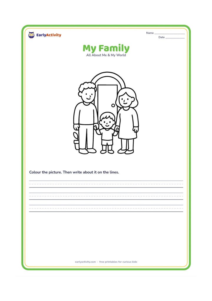 Worksheet: A child stands between two caring adults and holds both their hands. Show a simple home doorway and one potted plant in the background, with varied family appearances.