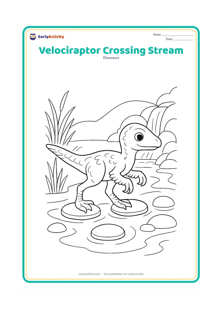 Colouring page: A small feathered velociraptor carefully steps across a shallow stream using three flat stepping stones, with reeds, a small waterfall, and rounded river rocks around it.