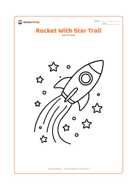 Worksheet: A diagonal rocket with two fins and a round window flies upward across the page, leaving a sweeping trail made from curved lines, stars and small circles. Keep the composition open and…