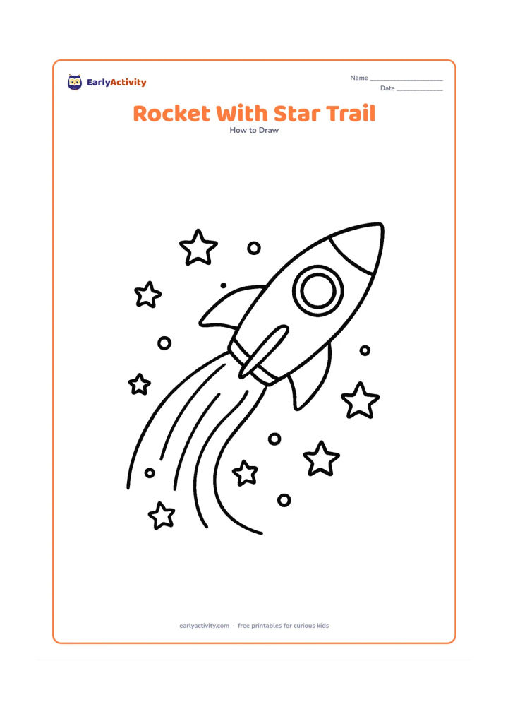Worksheet: A diagonal rocket with two fins and a round window flies upward across the page, leaving a sweeping trail made from curved lines, stars and small circles. Keep the composition open and…