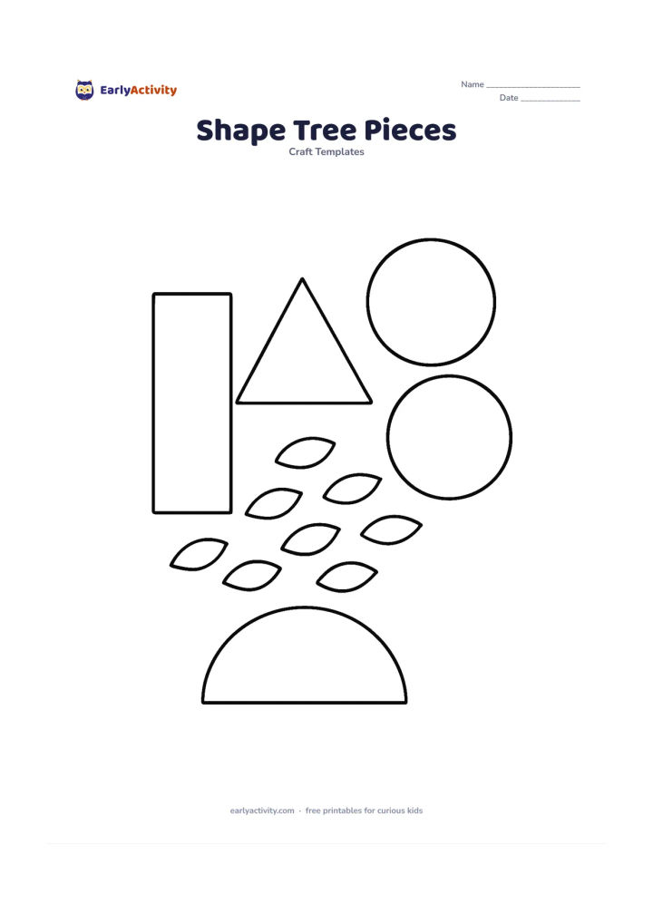 Worksheet: Show separate craft outlines for a tree: a large rectangle trunk, a triangle and two circles for foliage, several small oval leaves, and a semicircle ground piece. Arrange them beside…