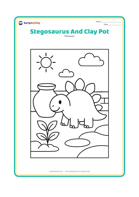 Colouring page: Draw a friendly stegosaurus beside a large plain clay water pot and a small leafy plant in a sunny garden. Include a simple low wall and a few broad ground shapes.