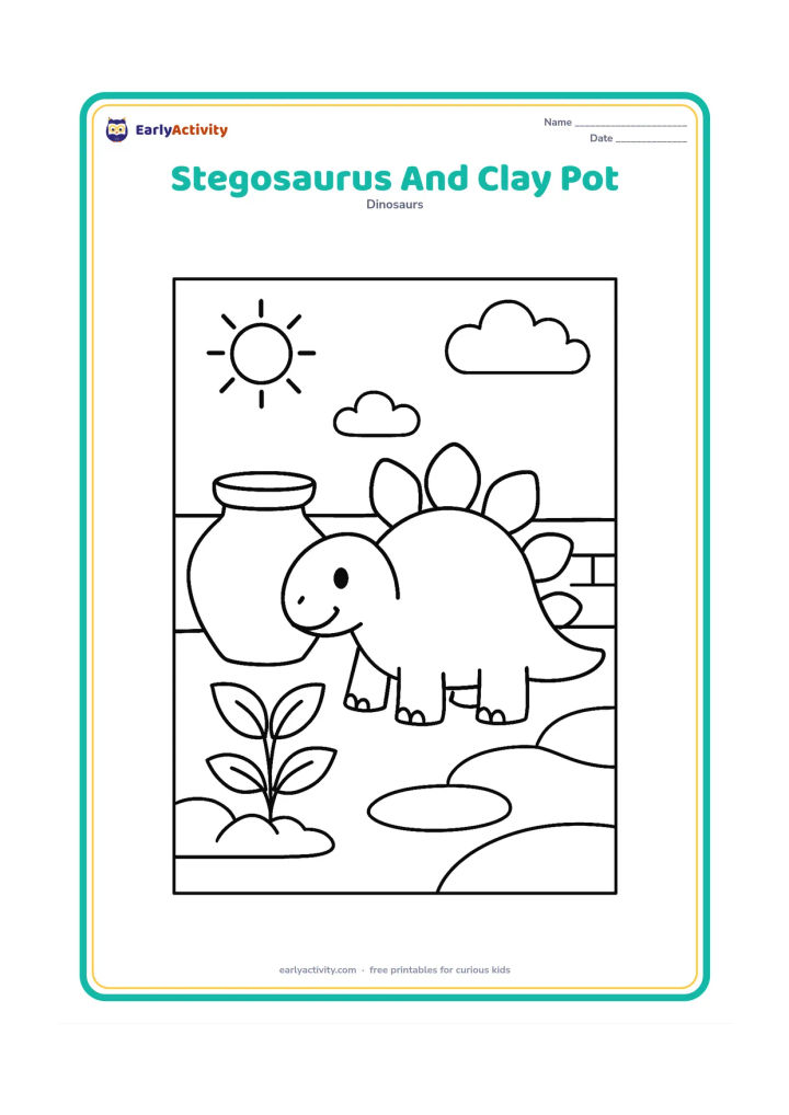 Colouring page: Draw a friendly stegosaurus beside a large plain clay water pot and a small leafy plant in a sunny garden. Include a simple low wall and a few broad ground shapes.