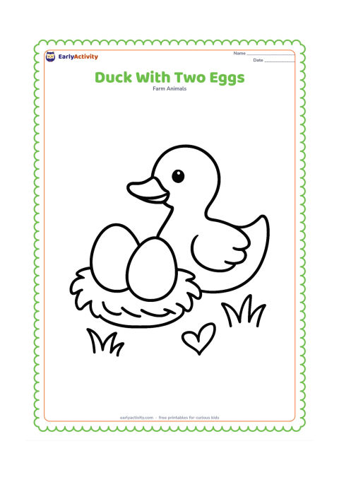 Colouring page: A duck sits beside two large eggs in a simple straw nest. Place the nest on the ground with two grass tufts and a small heart-shaped leaf nearby.