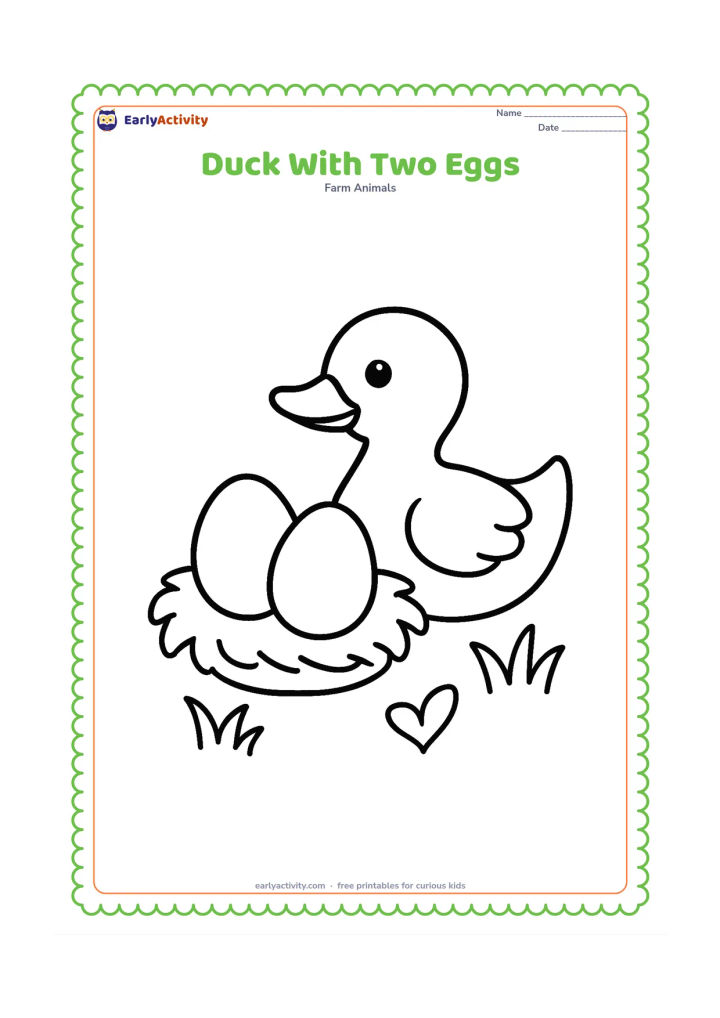 Colouring page: A duck sits beside two large eggs in a simple straw nest. Place the nest on the ground with two grass tufts and a small heart-shaped leaf nearby.