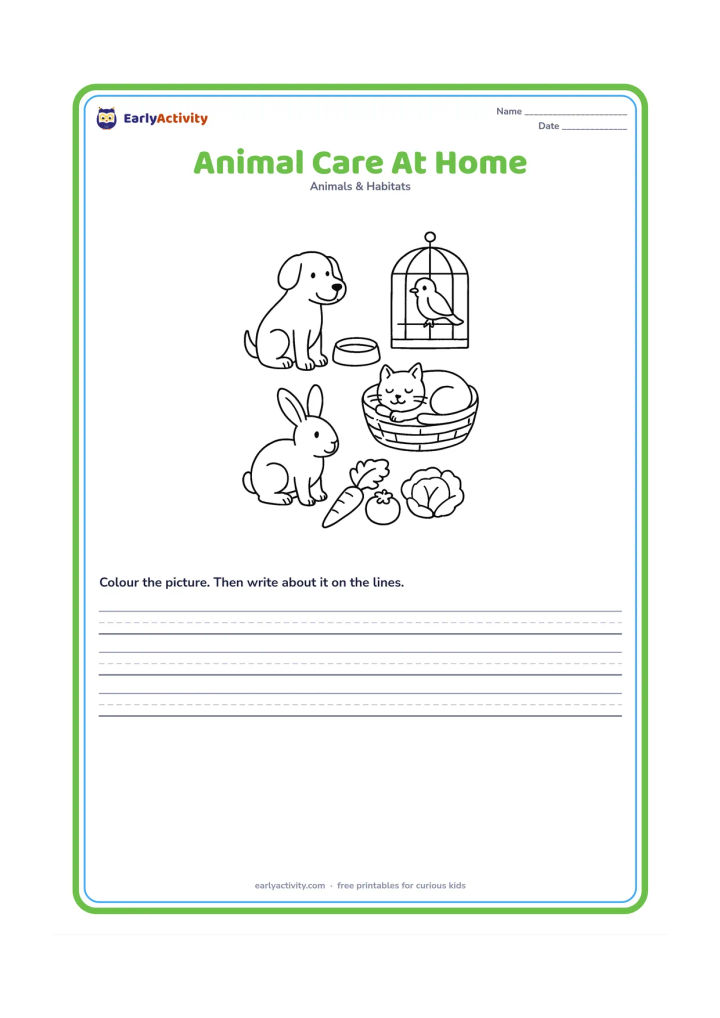 Worksheet: Draw a child-free pet-care scene showing a dog beside a water bowl, a cat resting in a basket, a rabbit near fresh vegetables and a bird in a clean cage. Include simple safe-care objects…