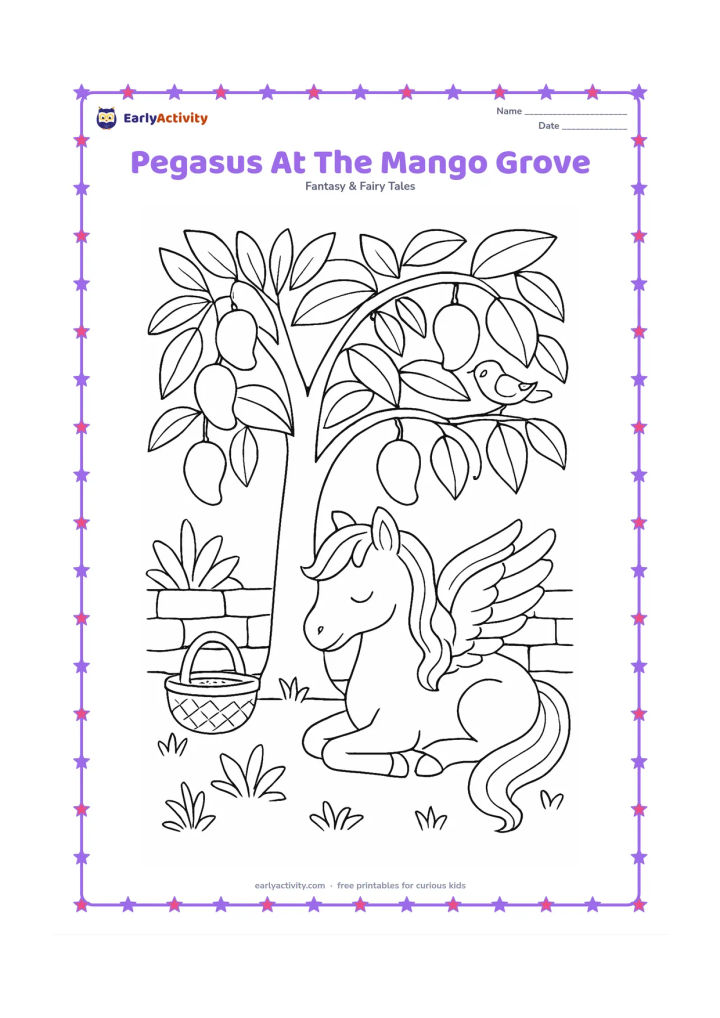 Colouring page: Show a pegasus resting beneath a mango tree in an Indian garden, with broad leaves, hanging mangoes, a woven basket and a low stone wall. Add a small bird perched on a branch.