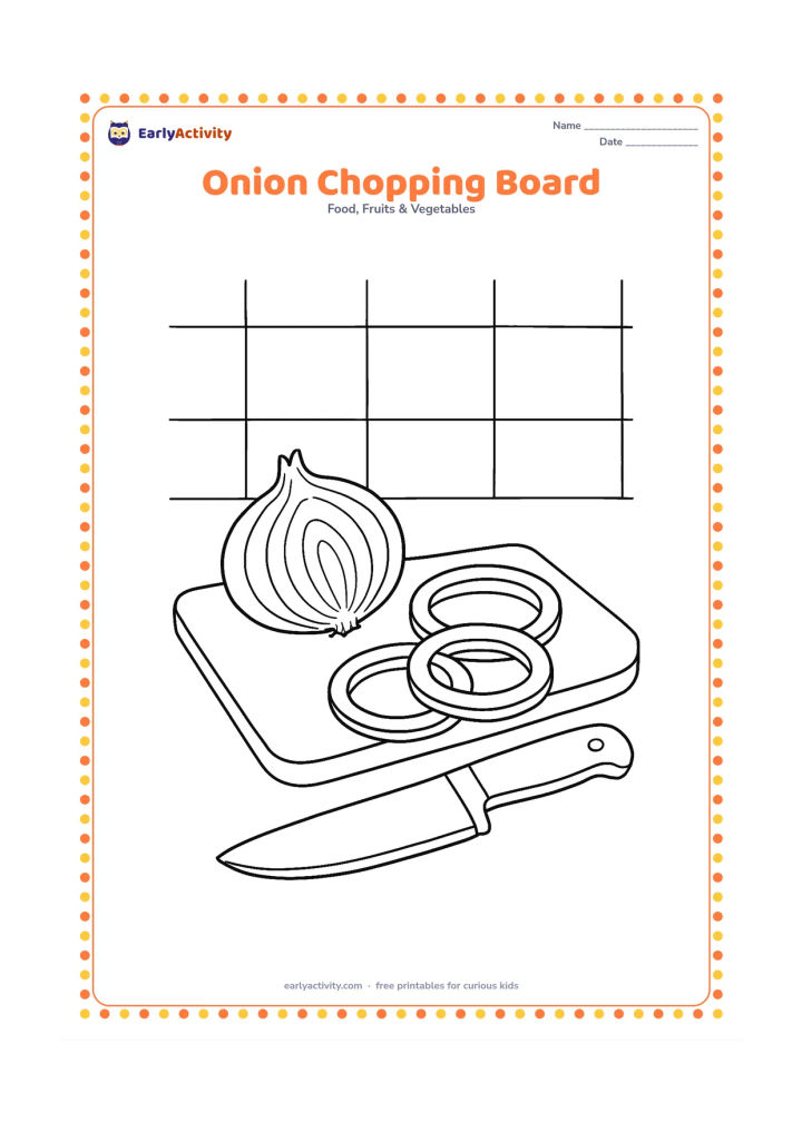 Colouring page: Show a halved onion on a kitchen chopping board beside a safe, closed vegetable knife and a few large onion rings. Include a simple tiled kitchen background without patterns of writing.