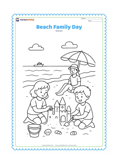 Colouring page: Two children build a sandcastle while an adult sits nearby under a beach umbrella. Include a bucket, spade, shells, gentle waves and a distant boat.