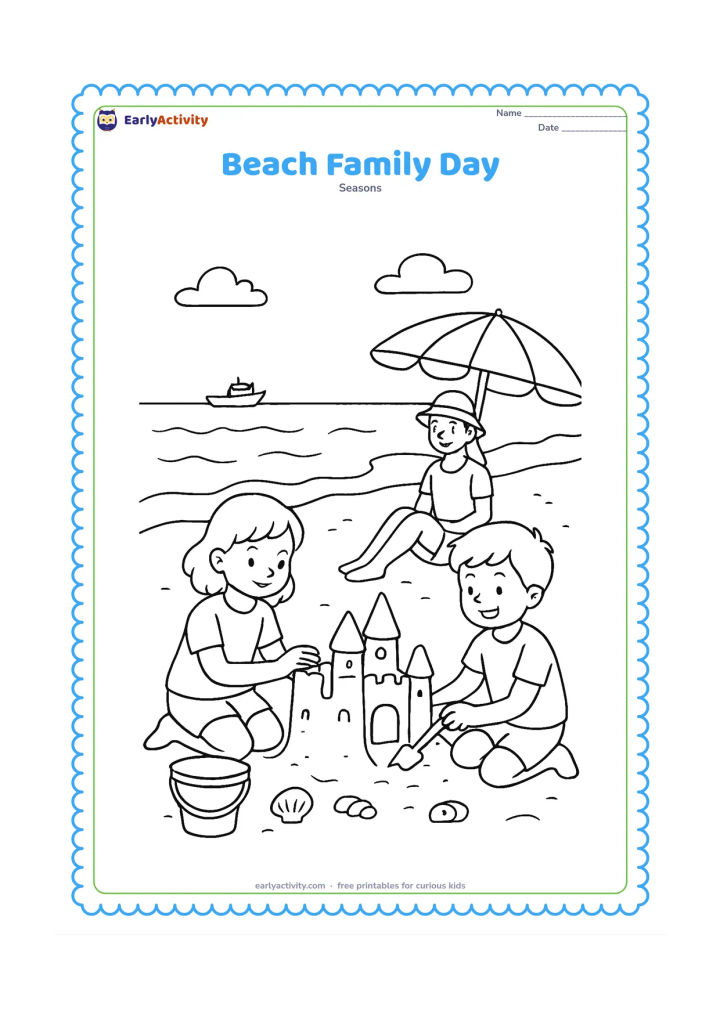 Colouring page: Two children build a sandcastle while an adult sits nearby under a beach umbrella. Include a bucket, spade, shells, gentle waves and a distant boat.