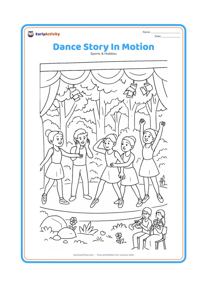 Colouring page: Draw a detailed stage scene showing five dancers acting out a wordless story through different poses: greeting, surprise, searching, helping and celebrating. Add a forest-style backdrop,…