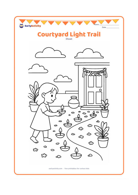 Colouring page: Draw a child placing a curved trail of diyas through a home courtyard toward a decorated doorway. Include potted plants, a water pot, a low wall, flower petals and a darkening sky with a…