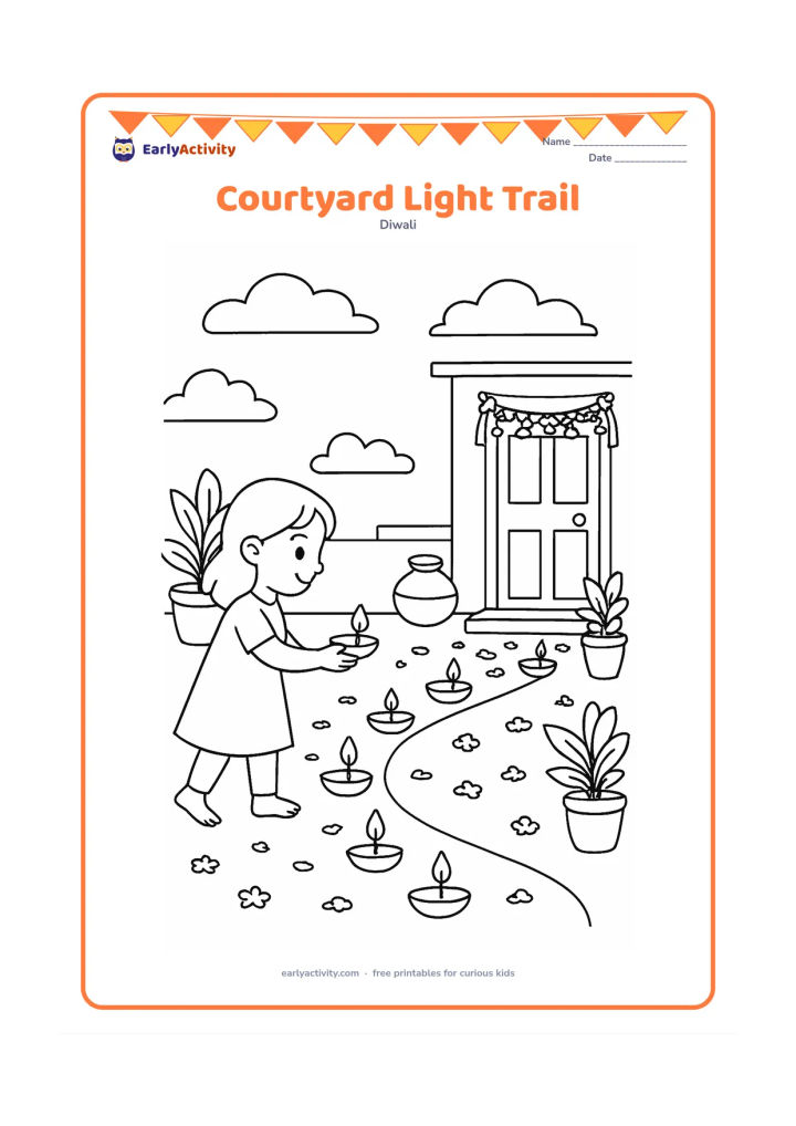 Colouring page: Draw a child placing a curved trail of diyas through a home courtyard toward a decorated doorway. Include potted plants, a water pot, a low wall, flower petals and a darkening sky with a…