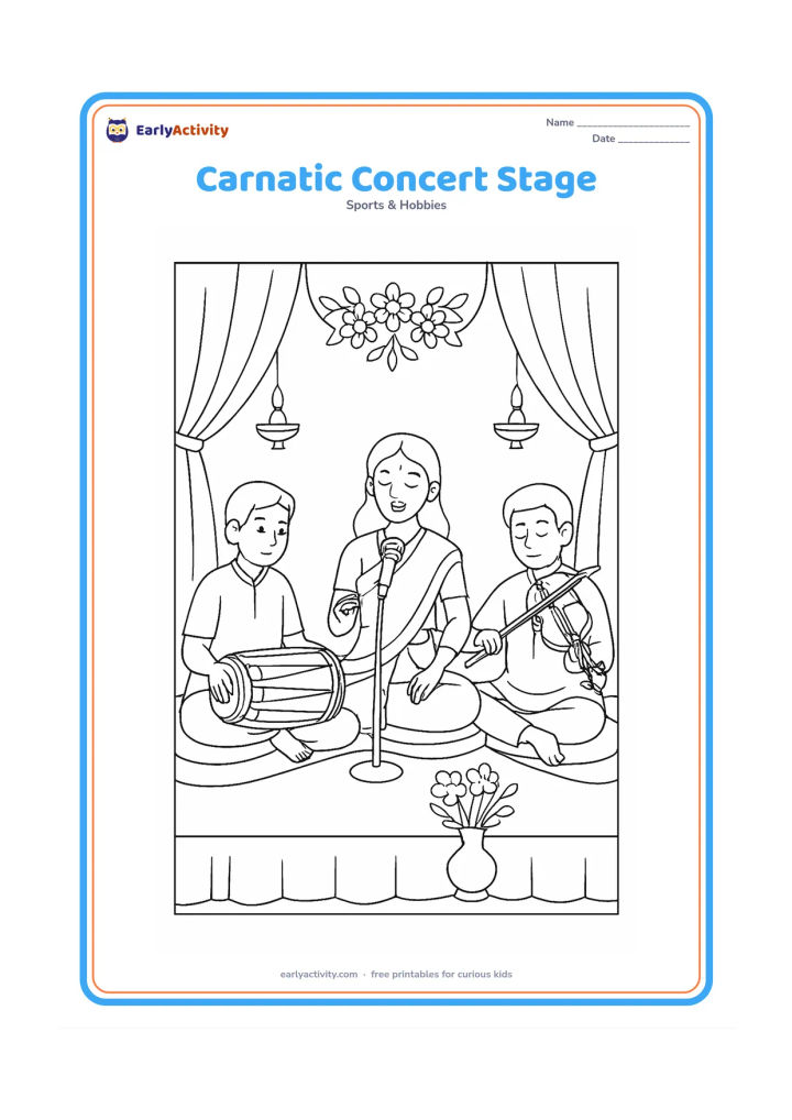 Colouring page: A seated Carnatic music performance shows a vocalist beside a mridangam player and a violinist. Include floor cushions, a simple floral arrangement, stage curtains and decorative lamps…