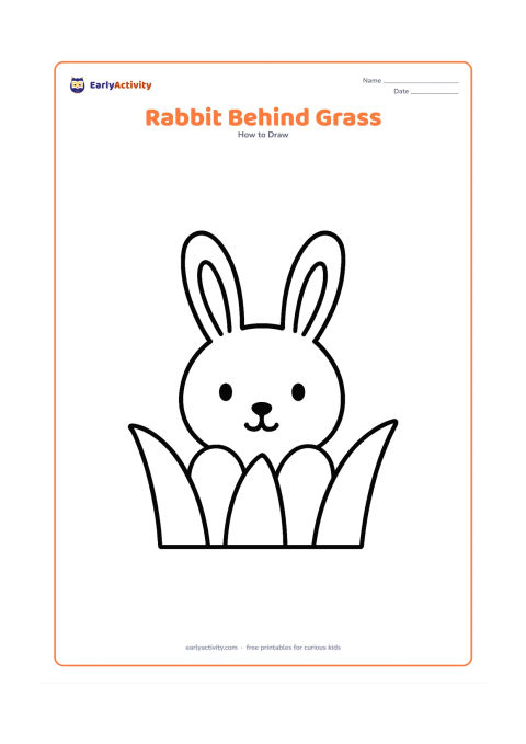 Worksheet: Show a rabbit peeking above three large rounded grass blades, with its round head, tall ears, two eyes and tiny nose visible. Keep the lower body hidden and the background empty.