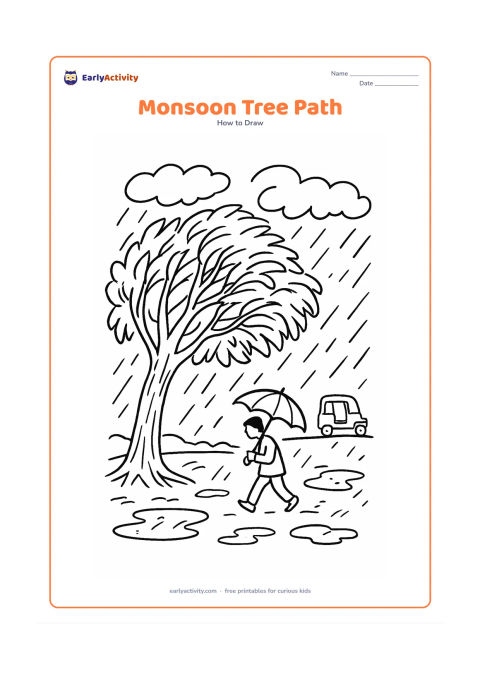 Worksheet: Show a large roadside tree during an Indian monsoon, with wind-bent leaf clusters, rain clouds, puddles, wet ground, a small umbrella-carrying person and a distant auto-rickshaw shape.
