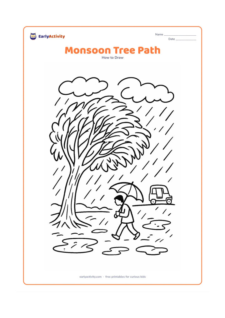 Worksheet: Show a large roadside tree during an Indian monsoon, with wind-bent leaf clusters, rain clouds, puddles, wet ground, a small umbrella-carrying person and a distant auto-rickshaw shape.