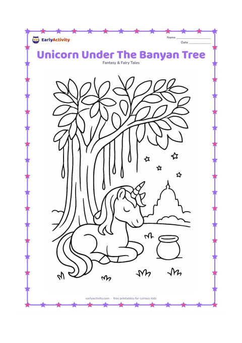 Colouring page: Draw one unicorn resting beneath a large banyan tree, with hanging roots, broad leaves, a small clay pot, a distant temple-like silhouette without symbols, and a peaceful evening sky…