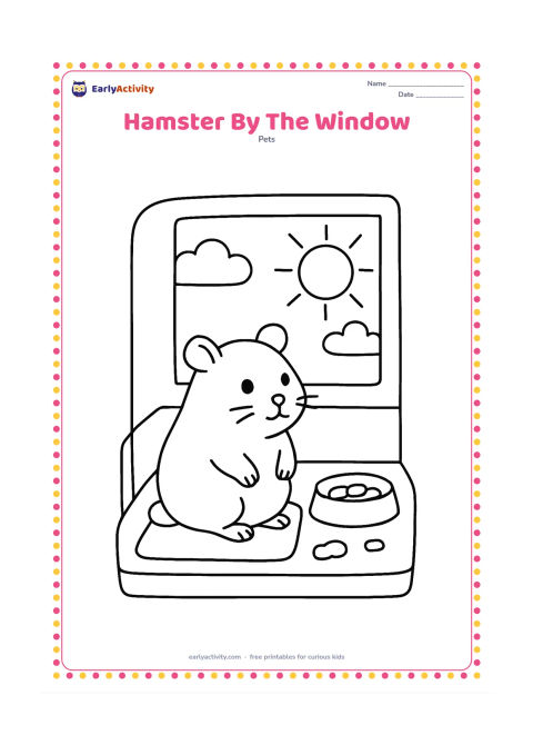 Colouring page: A hamster sits in a small indoor enclosure beside an open window, looking at a large sun and two simple clouds outside. Include a mat, food dish and a few bedding pieces.