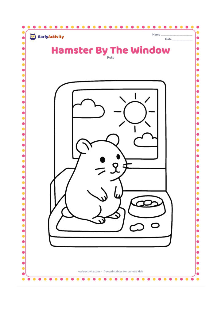 Colouring page: A hamster sits in a small indoor enclosure beside an open window, looking at a large sun and two simple clouds outside. Include a mat, food dish and a few bedding pieces.