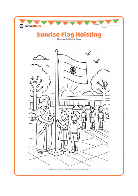 Colouring page: A school leader and children raise an Indian flag at sunrise while classmates stand in respectful rows. Show a school courtyard, trees, long morning shadows, flower beds and birds in the…