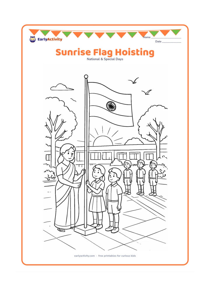Colouring page: A school leader and children raise an Indian flag at sunrise while classmates stand in respectful rows. Show a school courtyard, trees, long morning shadows, flower beds and birds in the…