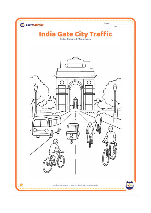 Colouring page: Show India Gate at the end of a broad New Delhi avenue with a bus, auto-rickshaw, bicycles and pedestrians moving through the foreground. Add trees, lamp posts and distant buildings,…