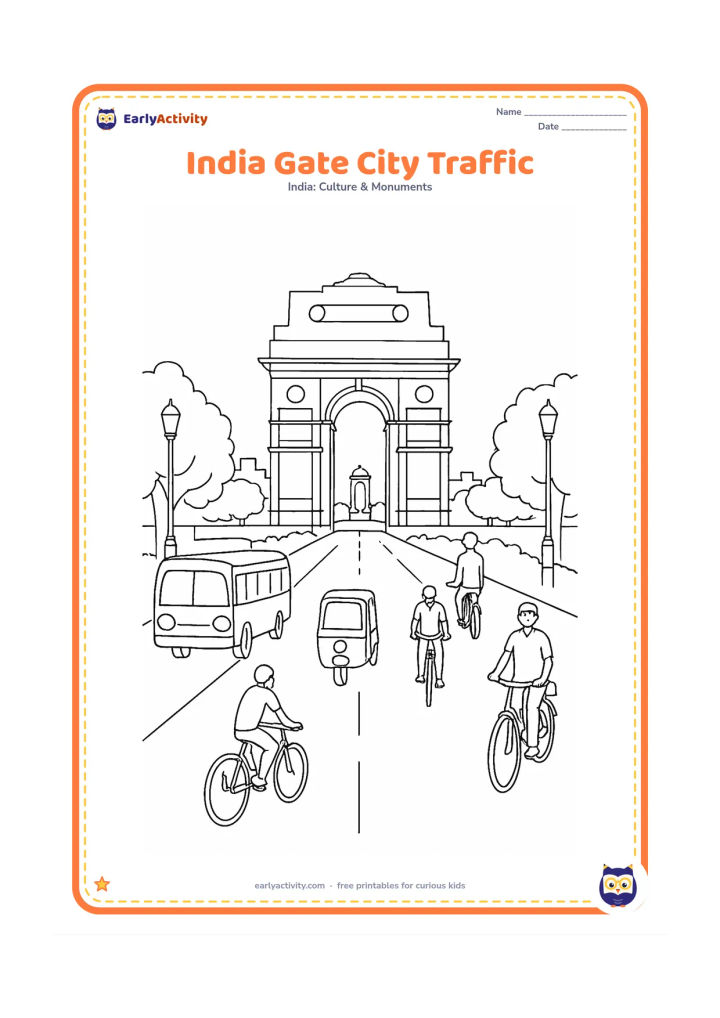 Colouring page: Show India Gate at the end of a broad New Delhi avenue with a bus, auto-rickshaw, bicycles and pedestrians moving through the foreground. Add trees, lamp posts and distant buildings,…