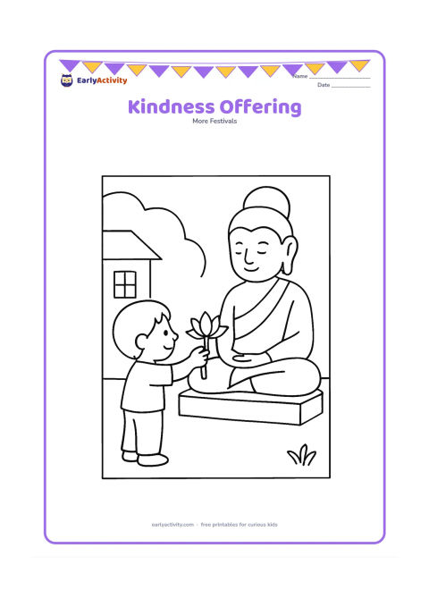 Colouring page: A child gently offers a lotus flower to a seated Buddha statue on a low platform. Add one small plant and a simple home courtyard background.
