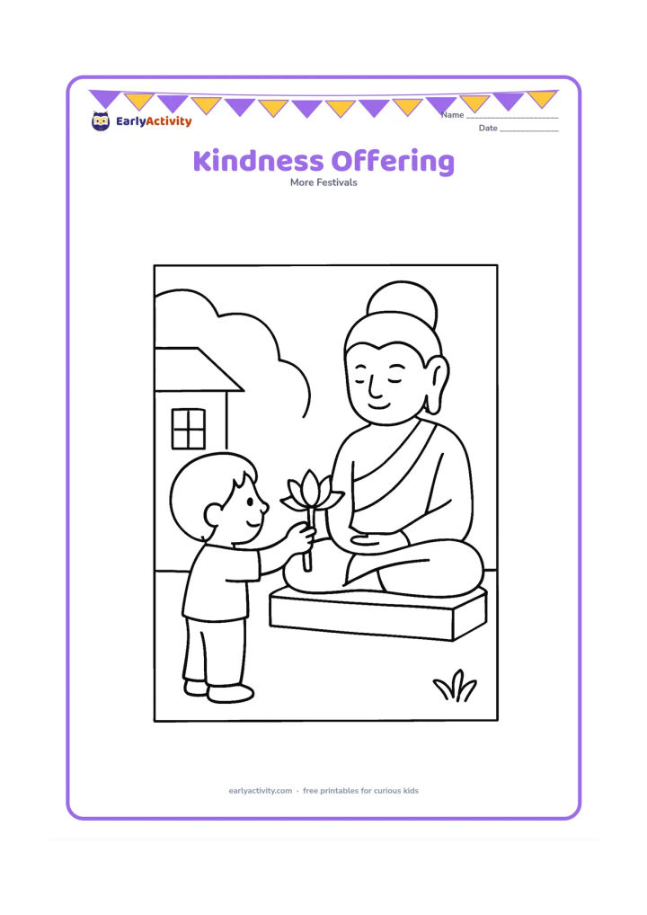 Colouring page: A child gently offers a lotus flower to a seated Buddha statue on a low platform. Add one small plant and a simple home courtyard background.