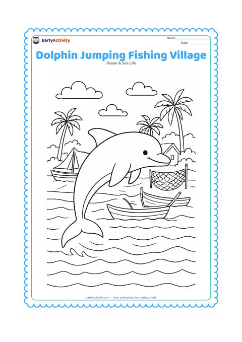 Colouring page: Draw a dolphin leaping in front of an Indian coastal fishing village with wooden boats, a palm-lined shore, simple nets drying on poles, and layered waves. Keep village details behind…
