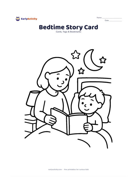 Worksheet: A mother sits beside a child in bed and holds an open book with completely blank pages, while a lamp, moon and stars decorate the room. Leave the book pages open for a later handwritten…