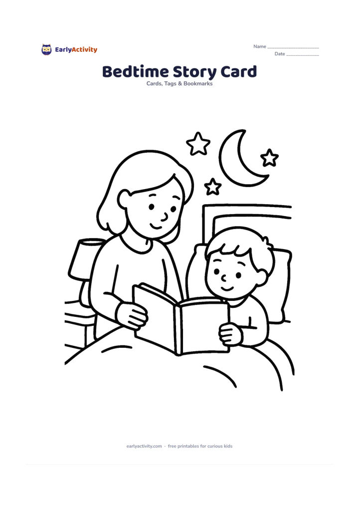 Worksheet: A mother sits beside a child in bed and holds an open book with completely blank pages, while a lamp, moon and stars decorate the room. Leave the book pages open for a later handwritten…