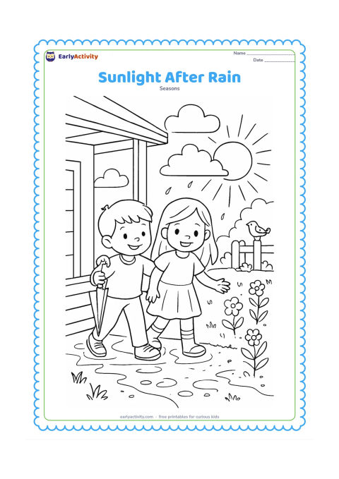 Colouring page: Two friends step from a shaded porch into a bright garden after a shower, one holding a partly folded umbrella. Show a large cloud clearing, sunbeams, sparkling puddles, wet and dry…