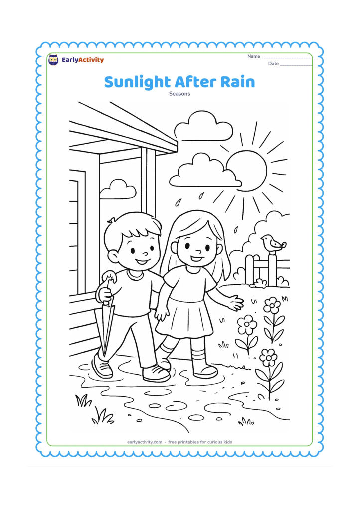 Colouring page: Two friends step from a shaded porch into a bright garden after a shower, one holding a partly folded umbrella. Show a large cloud clearing, sunbeams, sparkling puddles, wet and dry…