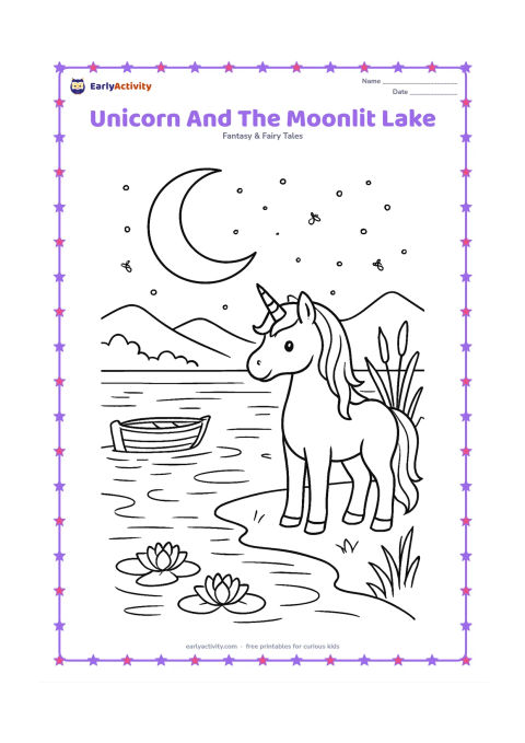 Colouring page: Draw one unicorn standing at the edge of a lake under a large crescent moon, with reflected moonlight, reeds, water lilies, mountains, fireflies, and a small rowboat tied to a post.