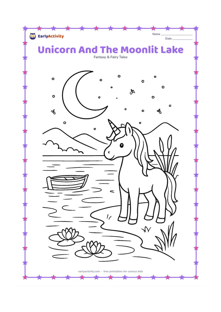 Colouring page: Draw one unicorn standing at the edge of a lake under a large crescent moon, with reflected moonlight, reeds, water lilies, mountains, fireflies, and a small rowboat tied to a post.