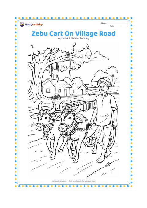 Colouring page: Draw two decorated zebus pulling a simple wooden cart along an Indian village road, with a farmer walking beside them. Include a banyan tree, mud houses, a bicycle and distant fields,…