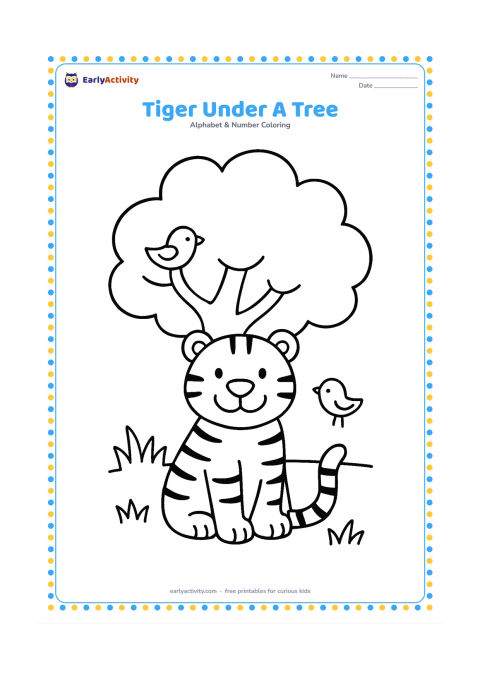 Colouring page: Draw a friendly tiger sitting beneath a broad leafy tree, with clear curved stripes, grass, and two small birds nearby. Center the tiger and leave generous open spaces around its body…