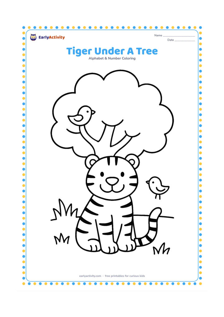 Colouring page: Draw a friendly tiger sitting beneath a broad leafy tree, with clear curved stripes, grass, and two small birds nearby. Center the tiger and leave generous open spaces around its body…