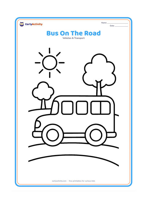 Colouring page: Draw a school bus travelling along a gently curving road with two large wheels, three simple windows, a sun, and two rounded trees. Keep the scene uncluttered and show the full bus from…