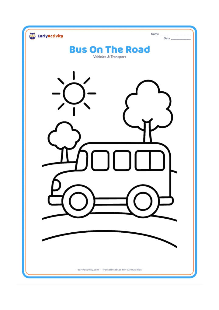 Colouring page: Draw a school bus travelling along a gently curving road with two large wheels, three simple windows, a sun, and two rounded trees. Keep the scene uncluttered and show the full bus from…